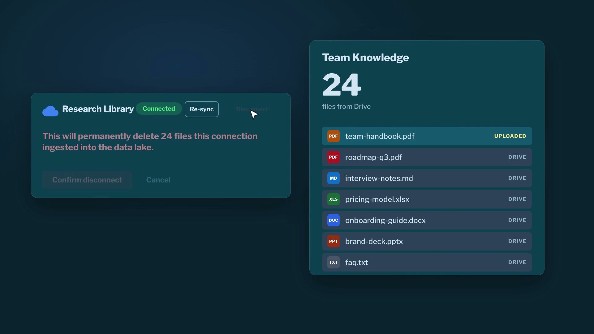 A team knowledge base with 24 files synced from Google Drive